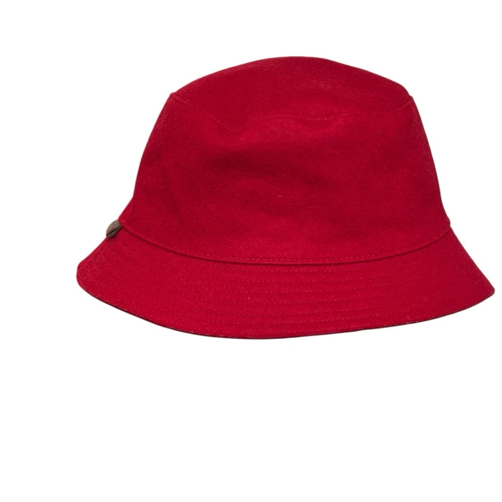 COACH‎ Red Wool Bucket HAT W/ Leather Logo. Lined Sz P/S  EUC